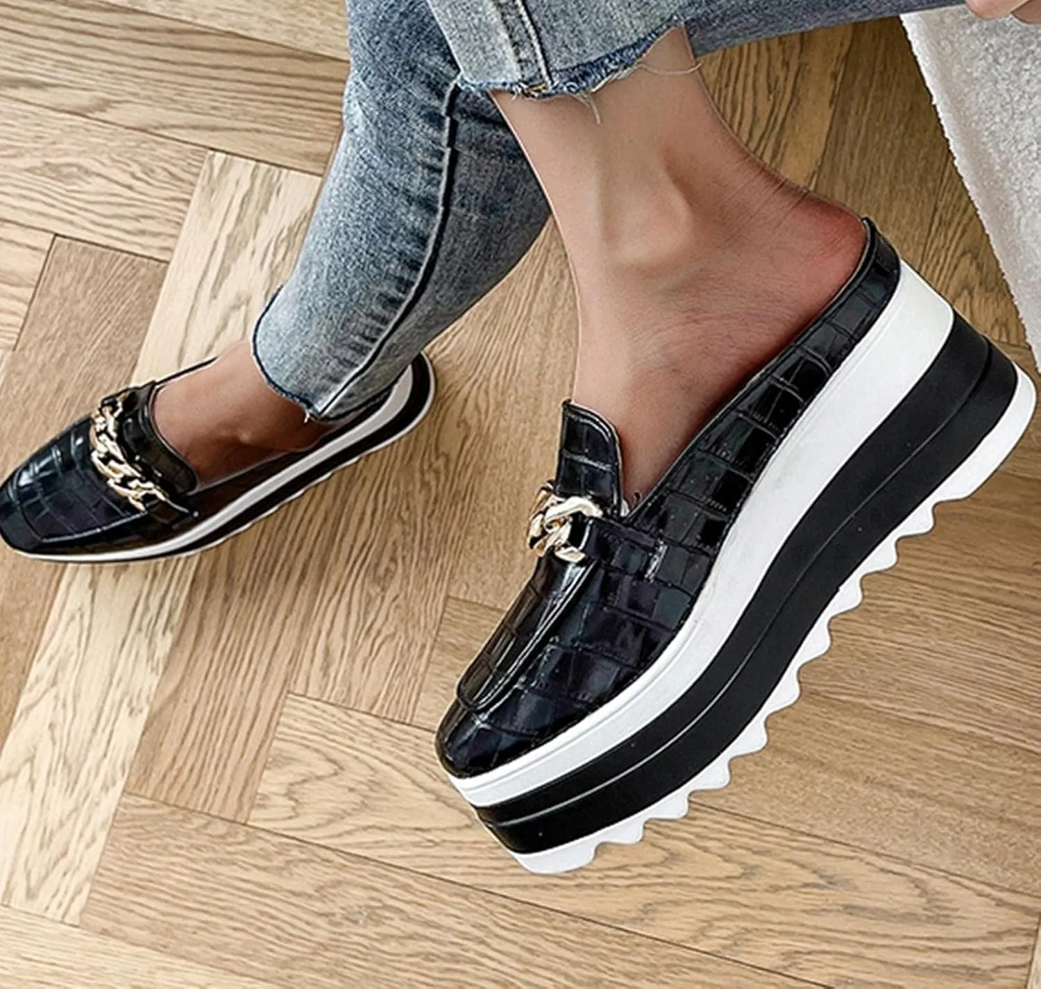 Platform Mule Slippers Shoes For Women Ladies Snake Leather Metal Chain Square Toe Chunky Bottom High Heels Slip On Loafers