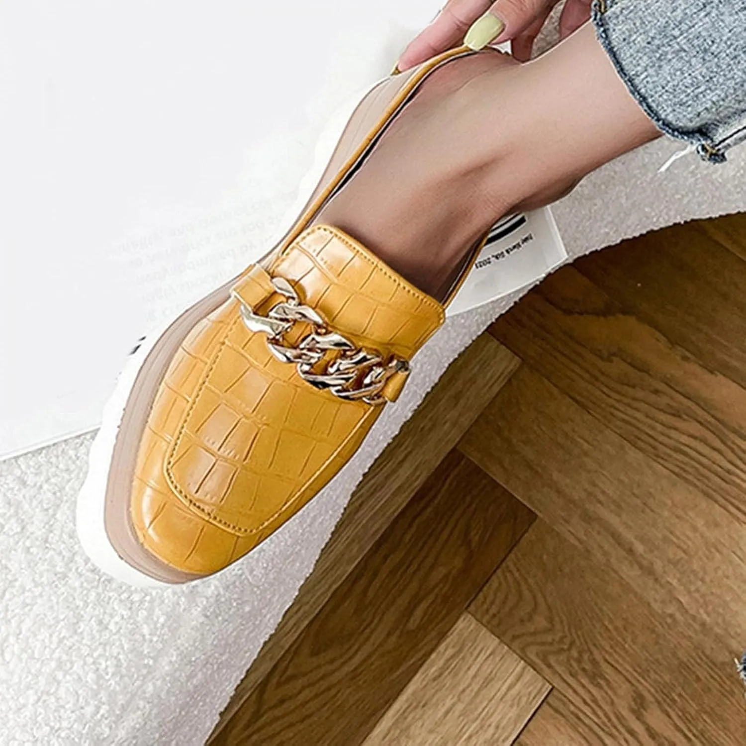 Platform Mule Slippers Shoes For Women Ladies Snake Leather Metal Chain Square Toe Chunky Bottom High Heels Slip On Loafers