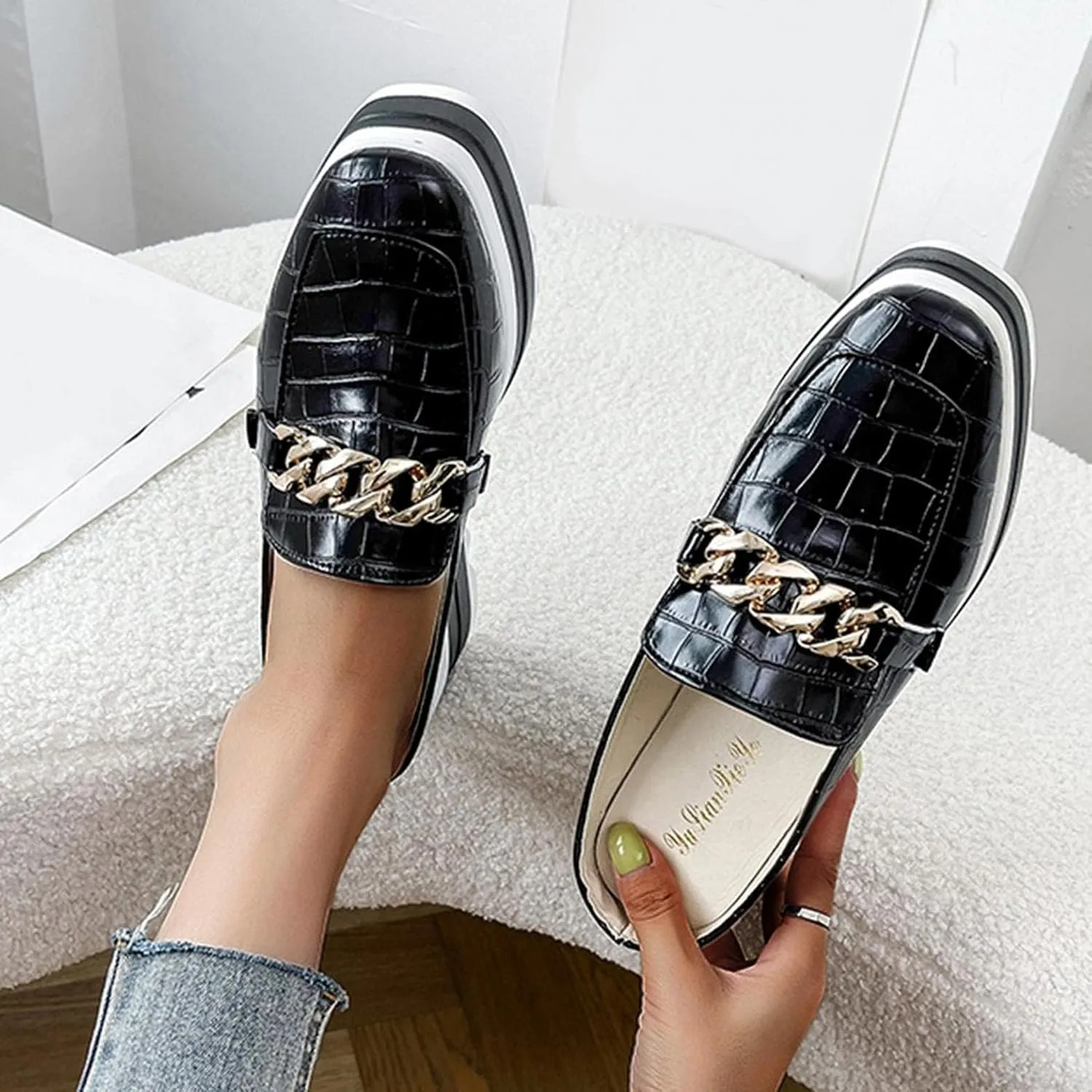 Platform Mule Slippers Shoes For Women Ladies Snake Leather Metal Chain Square Toe Chunky Bottom High Heels Slip On Loafers