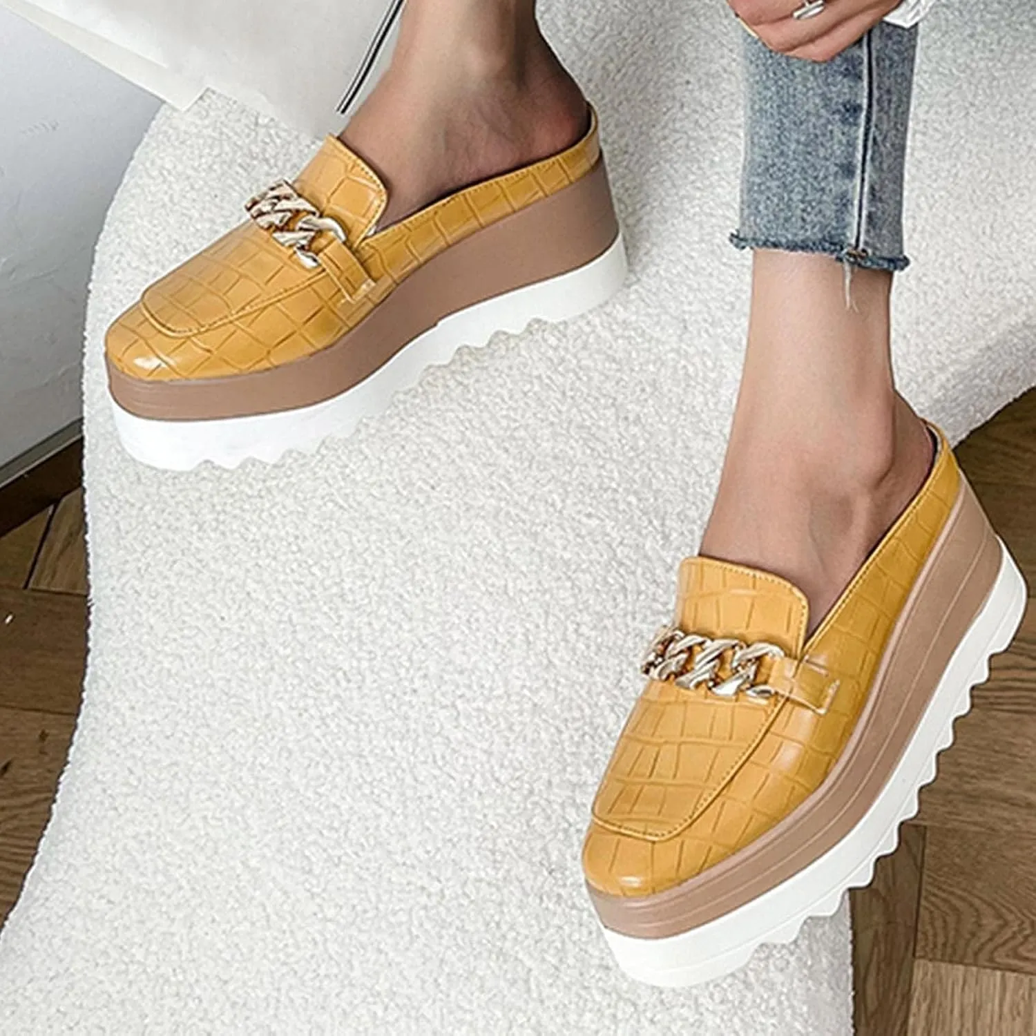 Platform Mule Slippers Shoes For Women Ladies Snake Leather Metal Chain Square Toe Chunky Bottom High Heels Slip On Loafers