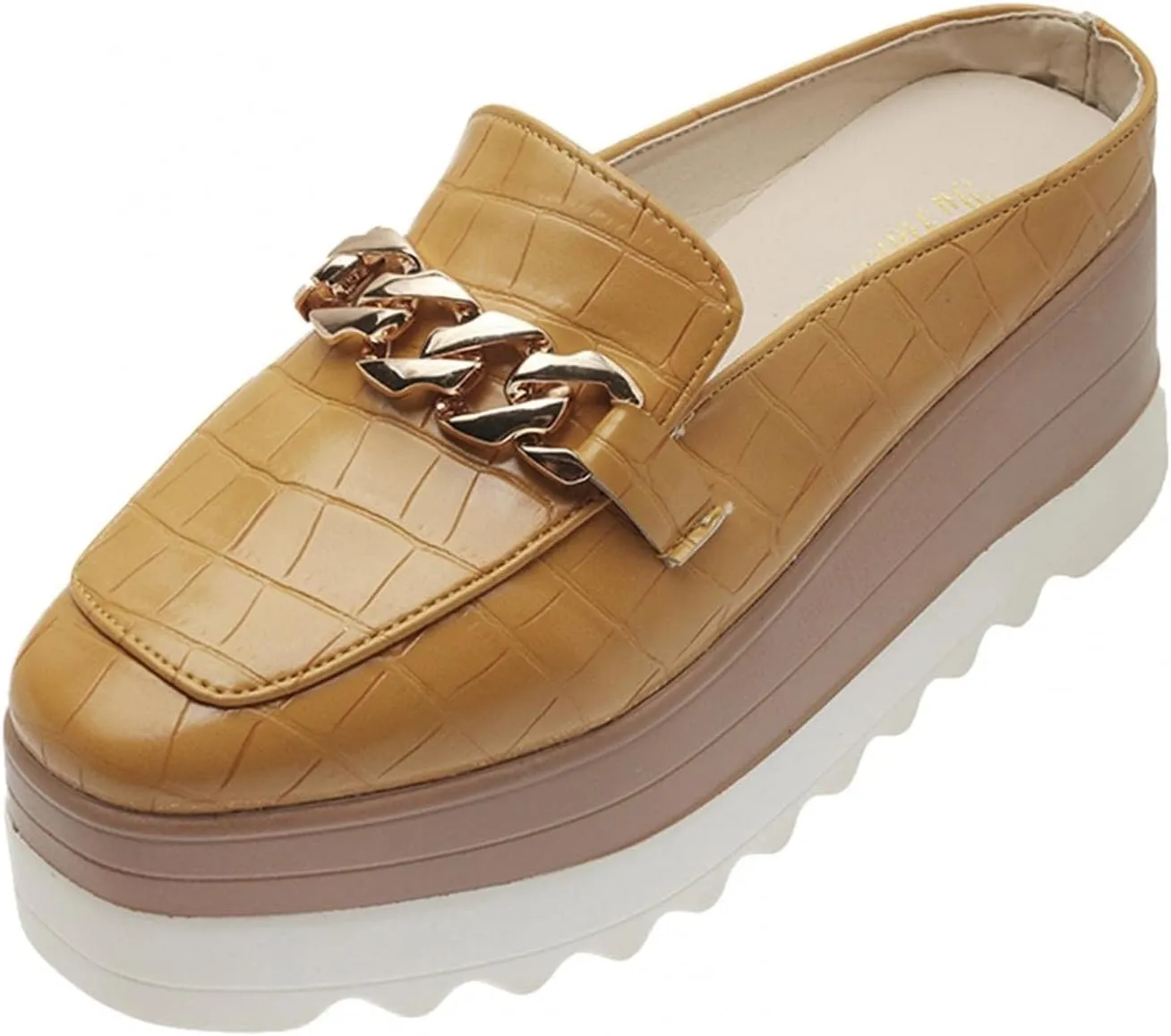 Platform Mule Slippers Shoes For Women Ladies Snake Leather Metal Chain Square Toe Chunky Bottom High Heels Slip On Loafers