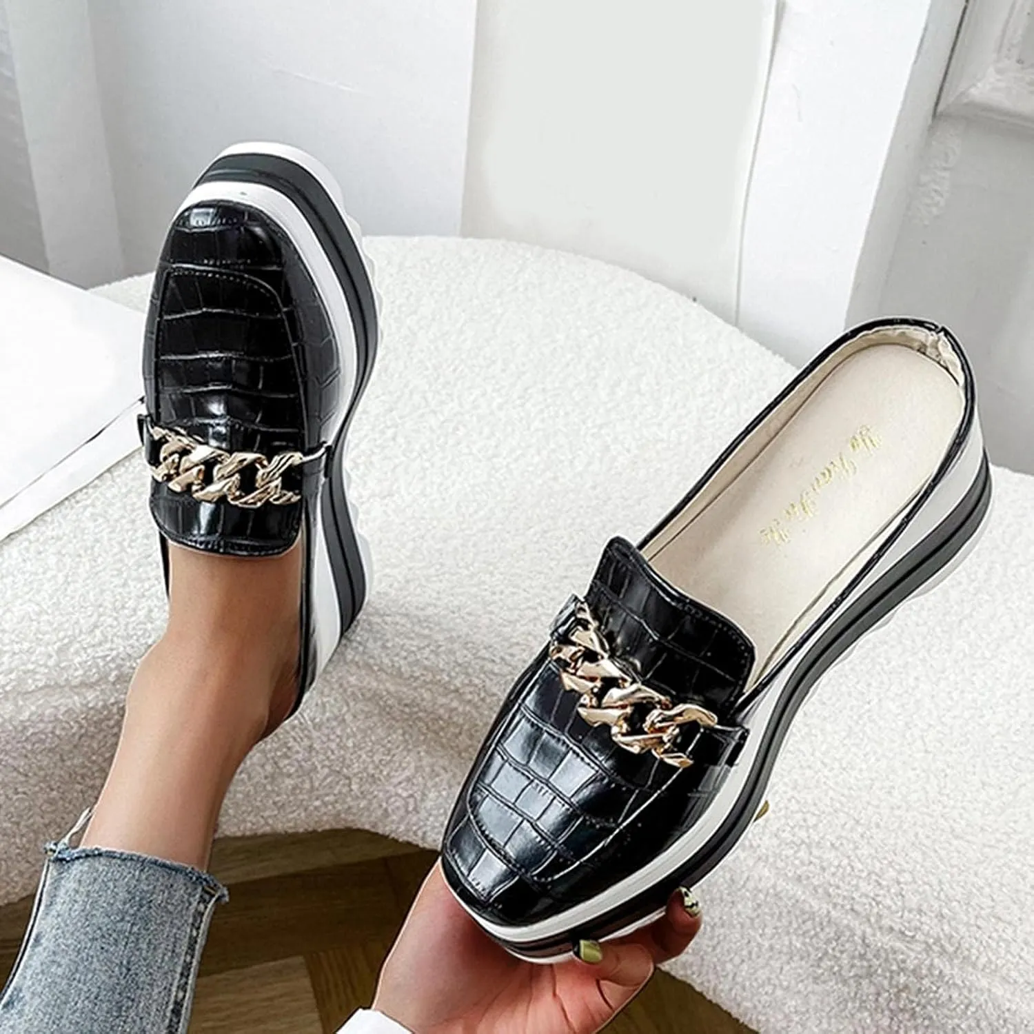 Platform Mule Slippers Shoes For Women Ladies Snake Leather Metal Chain Square Toe Chunky Bottom High Heels Slip On Loafers