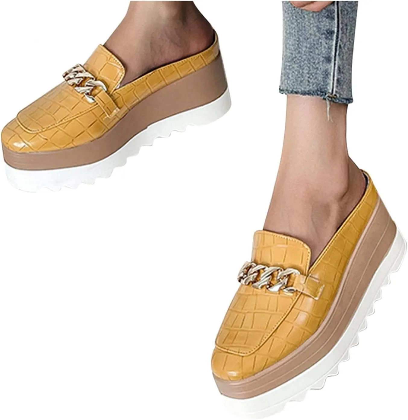 Platform Mule Slippers Shoes For Women Ladies Snake Leather Metal Chain Square Toe Chunky Bottom High Heels Slip On Loafers