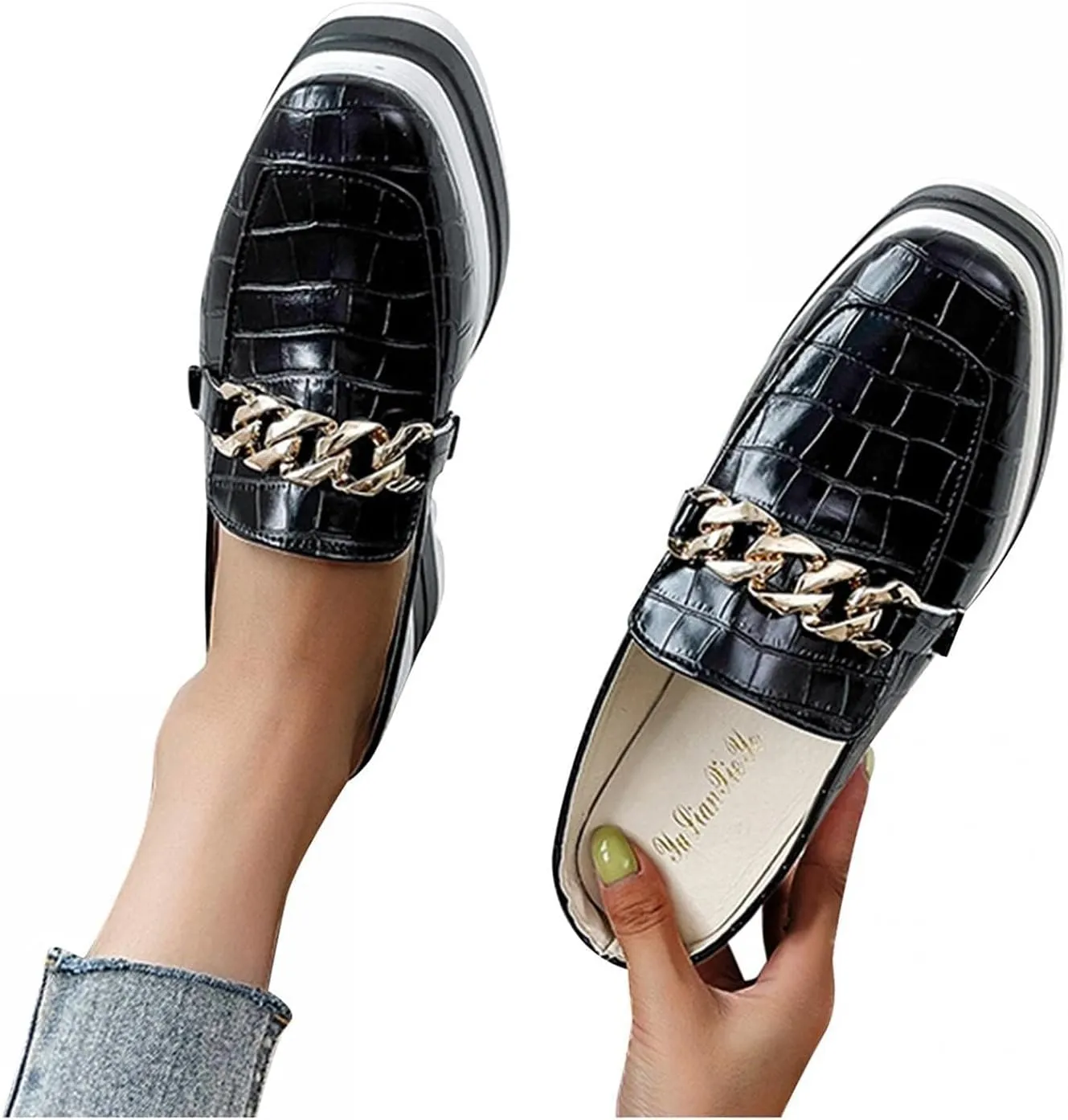Platform Mule Slippers Shoes For Women Ladies Snake Leather Metal Chain Square Toe Chunky Bottom High Heels Slip On Loafers