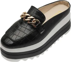 Platform Mule Slippers Shoes For Women Ladies Snake Leather Metal Chain Square Toe Chunky Bottom High Heels Slip On Loafers