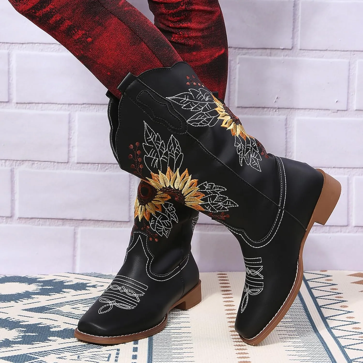 SACFOF Cowboy Boots for Women Square Toe Sunflower Cowgirl Boots Mid Calf Western Embroidered Stitched Low Heel Boots