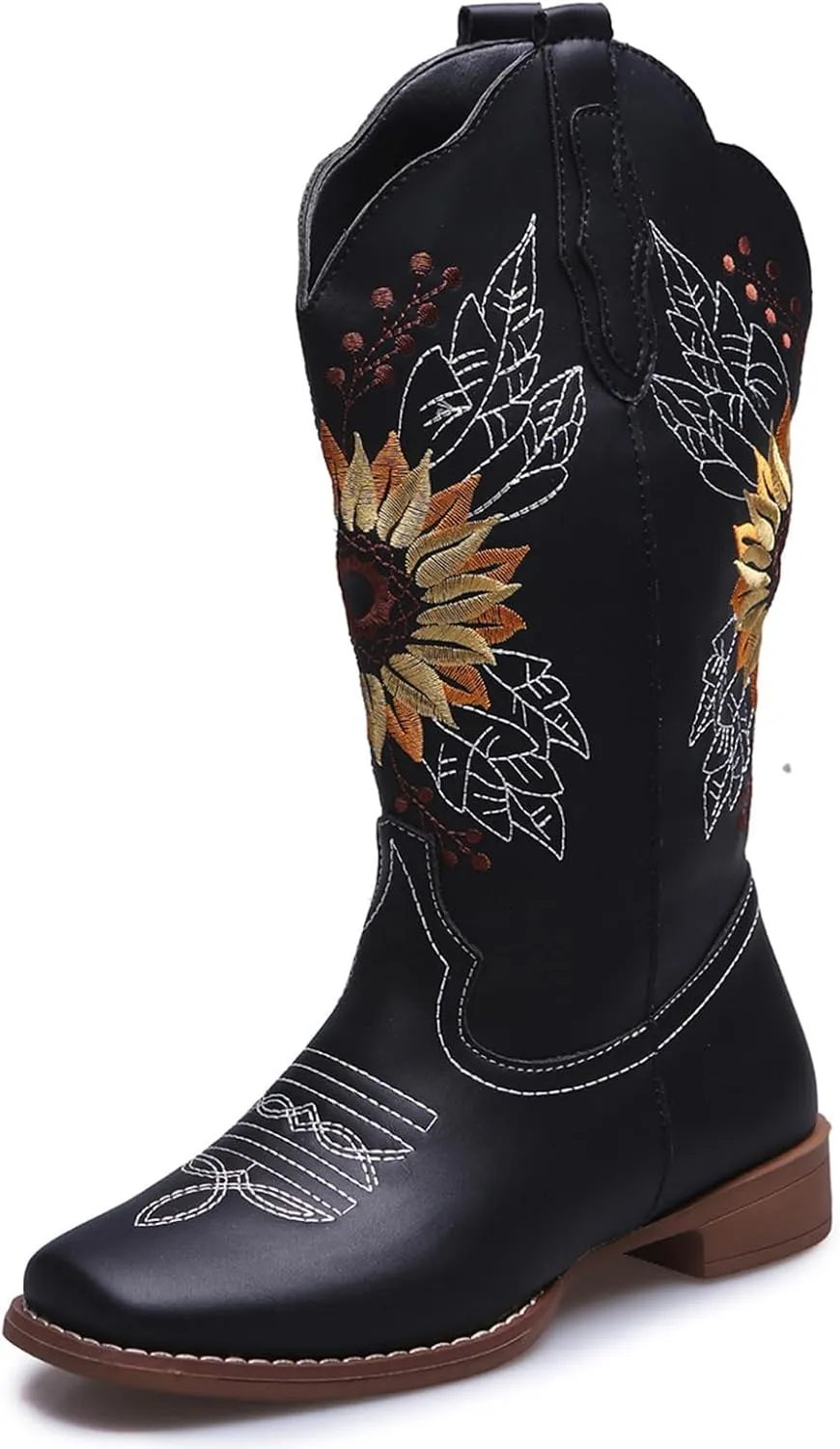 SACFOF Cowboy Boots for Women Square Toe Sunflower Cowgirl Boots Mid Calf Western Embroidered Stitched Low Heel Boots
