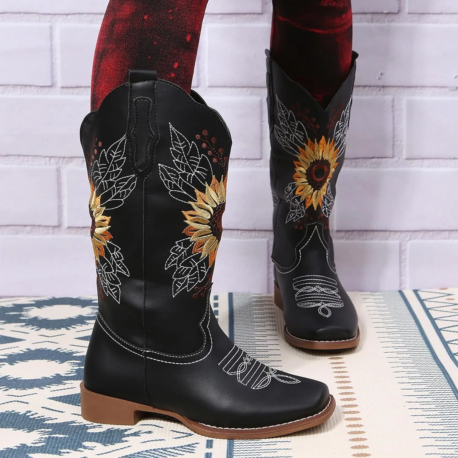 SACFOF Cowboy Boots for Women Square Toe Sunflower Cowgirl Boots Mid Calf Western Embroidered Stitched Low Heel Boots