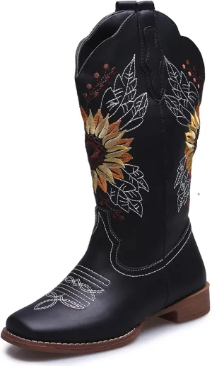 SACFOF Cowboy Boots for Women Square Toe Sunflower Cowgirl Boots Mid Calf Western Embroidered Stitched Low Heel Boots