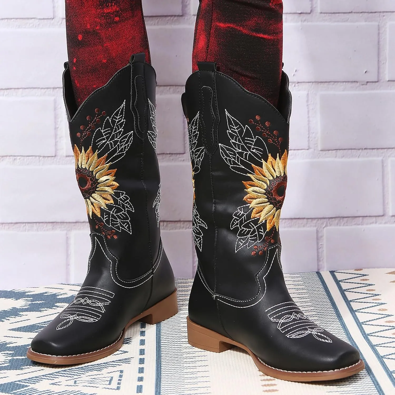 SACFOF Cowboy Boots for Women Square Toe Sunflower Cowgirl Boots Mid Calf Western Embroidered Stitched Low Heel Boots