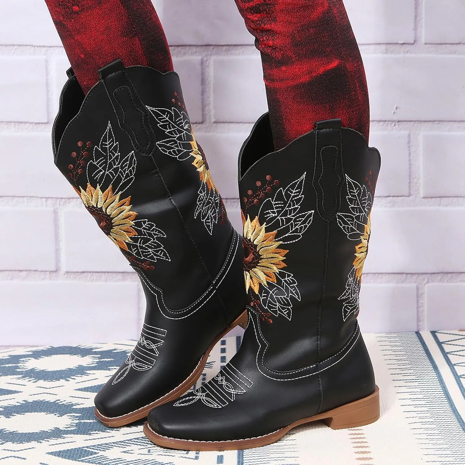 SACFOF Cowboy Boots for Women Square Toe Sunflower Cowgirl Boots Mid Calf Western Embroidered Stitched Low Heel Boots