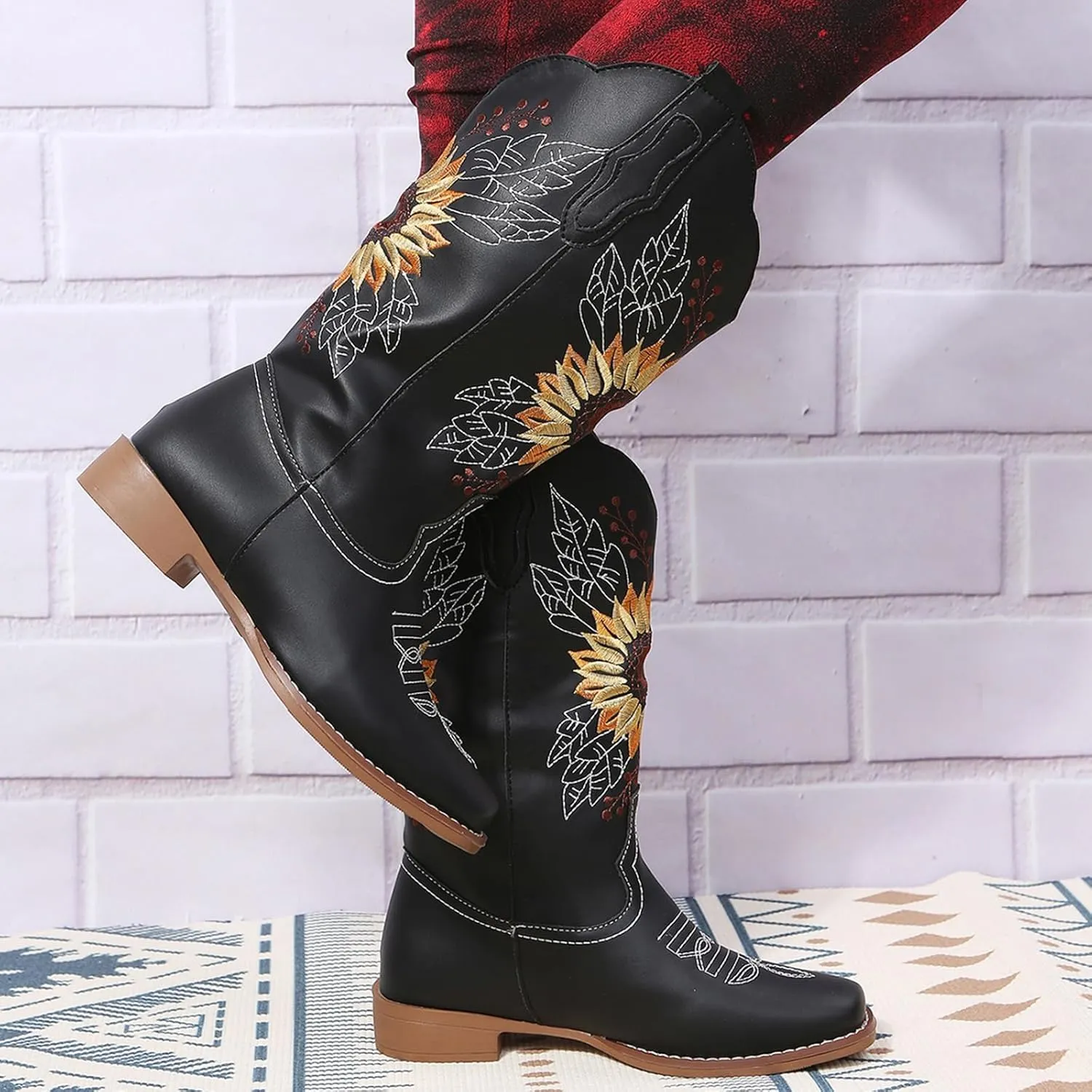 SACFOF Cowboy Boots for Women Square Toe Sunflower Cowgirl Boots Mid Calf Western Embroidered Stitched Low Heel Boots