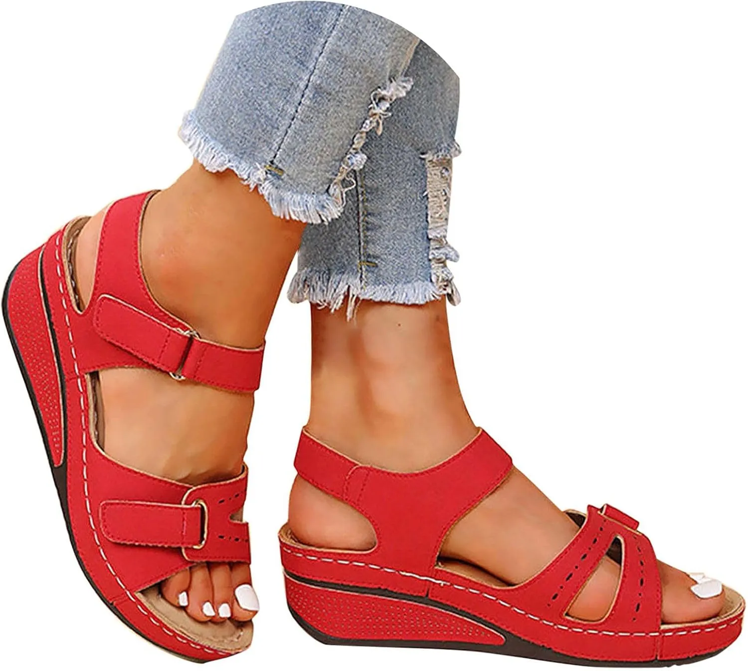 Sandals for Women 2024 Summer Casual Platform Wedge Open Toe Sandals Orthotic Arch Support Hook and Loop Sandals