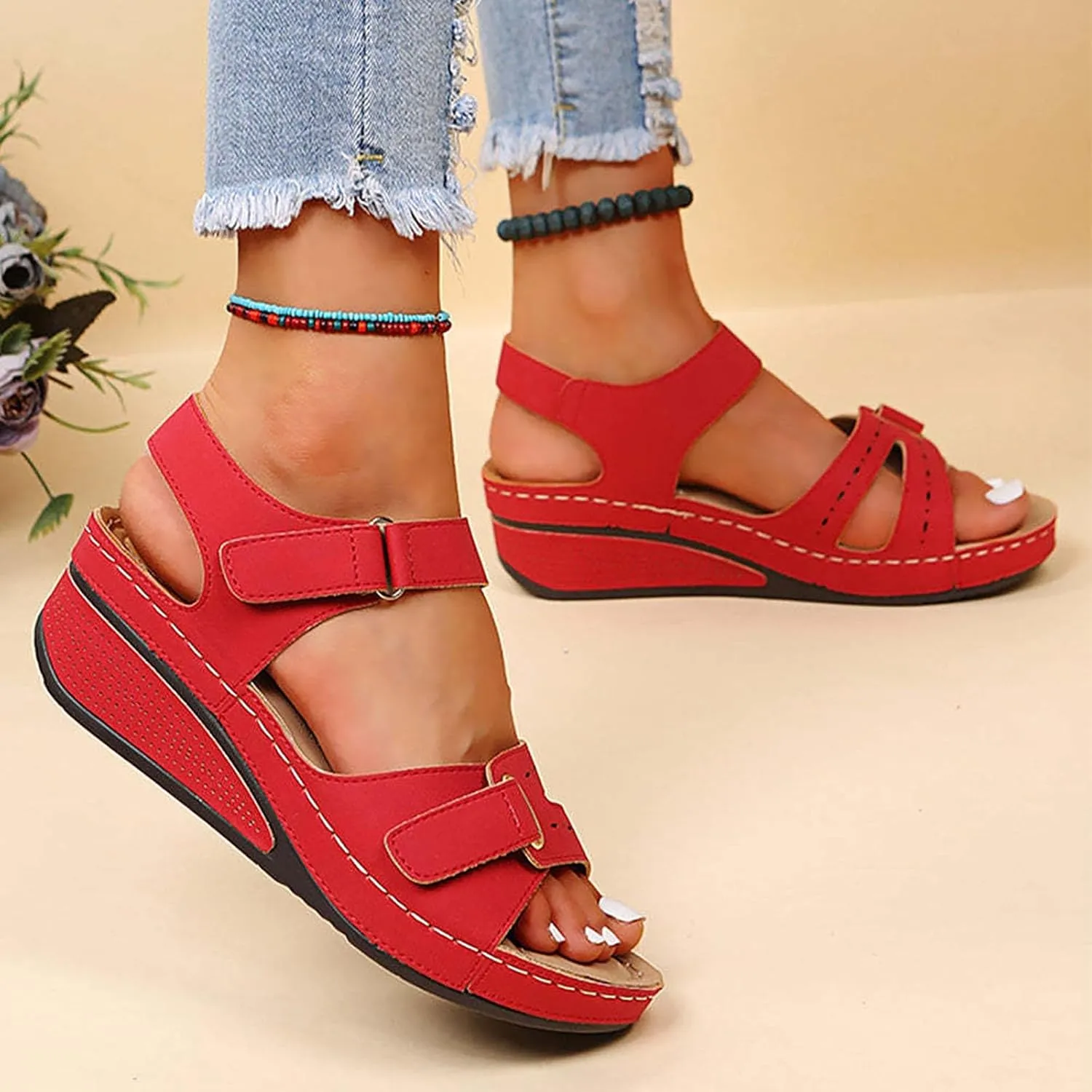 Sandals for Women 2024 Summer Casual Platform Wedge Open Toe Sandals Orthotic Arch Support Hook and Loop Sandals