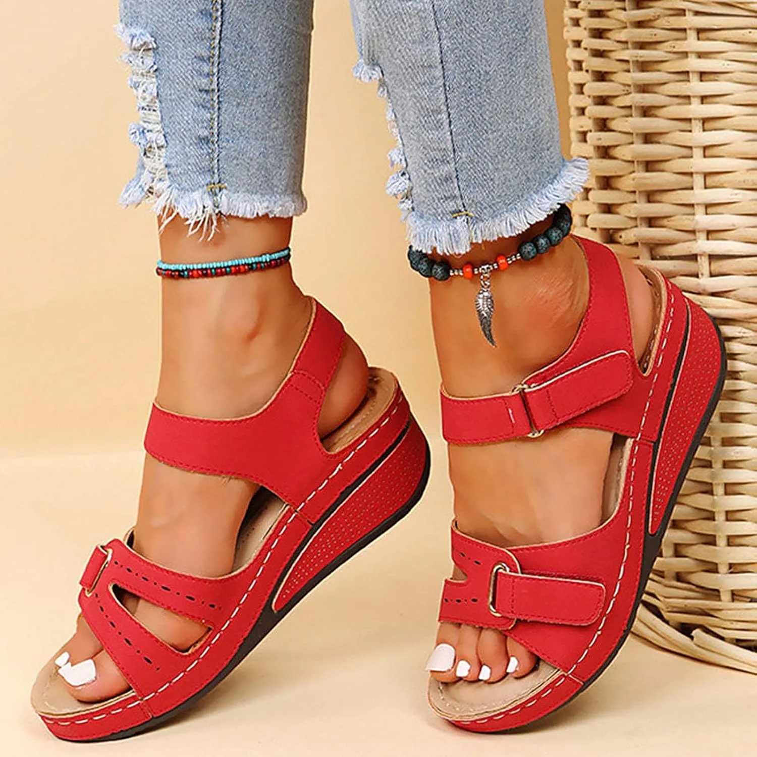Sandals for Women 2024 Summer Casual Platform Wedge Open Toe Sandals Orthotic Arch Support Hook and Loop Sandals