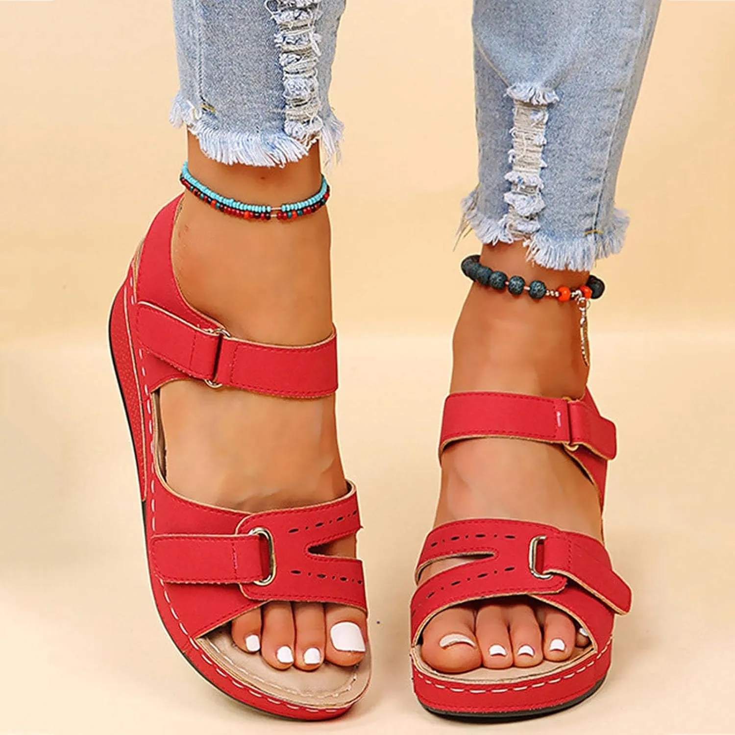 Sandals for Women 2024 Summer Casual Platform Wedge Open Toe Sandals Orthotic Arch Support Hook and Loop Sandals