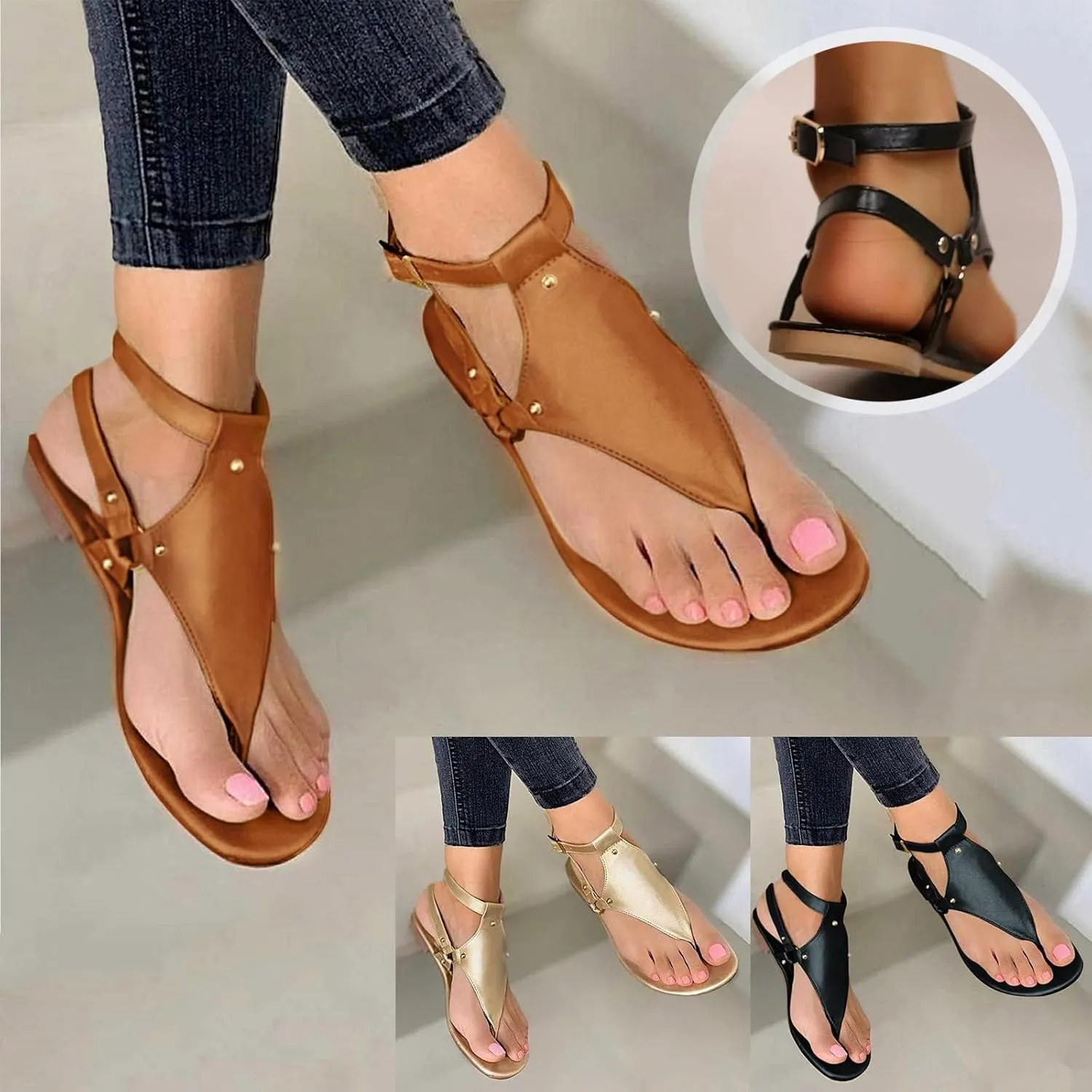 Sandals for Women Dressy Summer Thong Flip Flops Comfortable Ankle Strap Strappy Flat Sandals Walking Shoes Beach Sandals