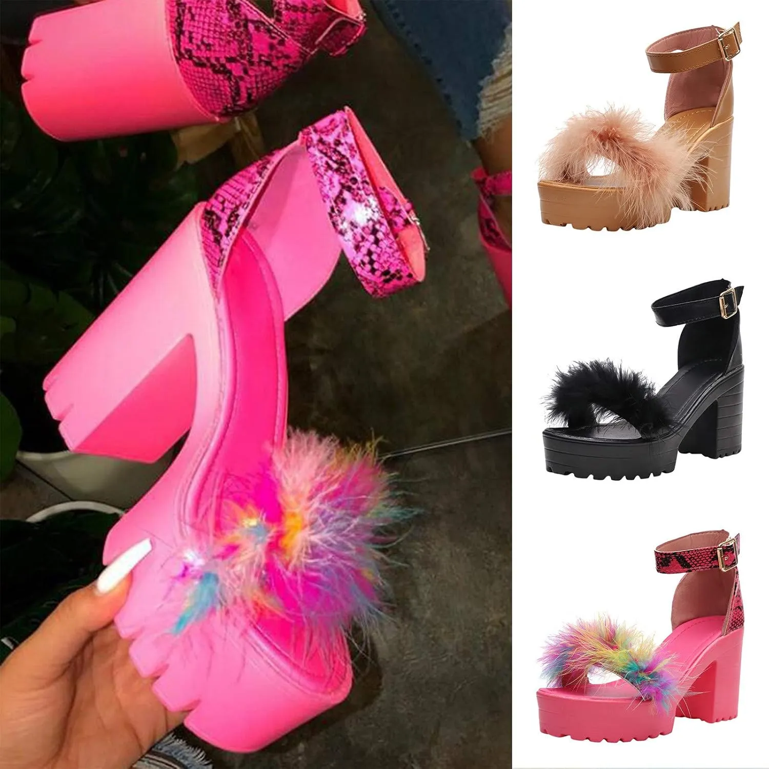 Sandals for Women Wide Width Heels,Ankle Strap Snakeskin Adjustable Buckle Clear Block Chunky High Heel Open Toe Sandal