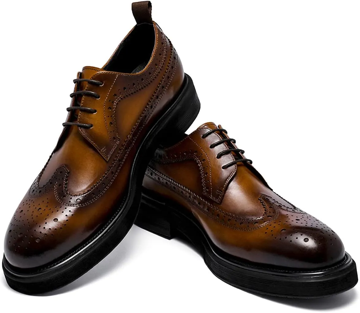 Santimon Mens Dress Shoes Leather Brogue Wingtip Oxford Formal Shoes for Men Black Brown Tan