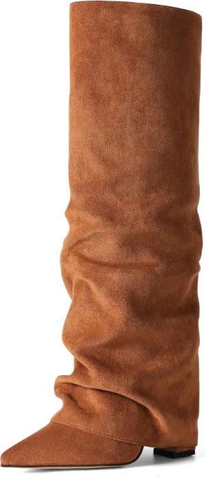 SaraIris Women's Slouchy Knee High Boots - Black, Pointed Toe, Fold Over, Chunky, Shark Boots