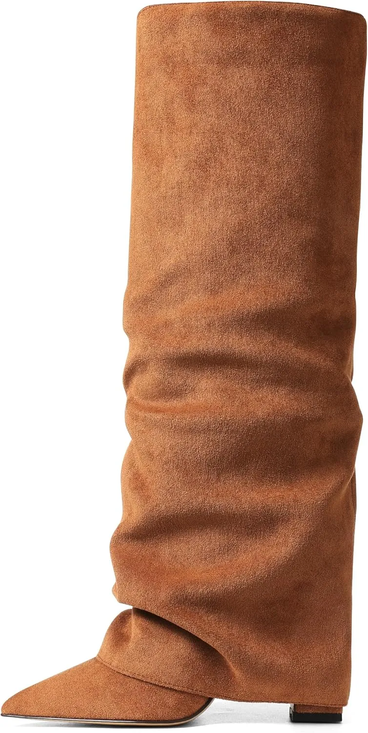 SaraIris Women's Slouchy Knee High Boots - Black, Pointed Toe, Fold Over, Chunky, Shark Boots