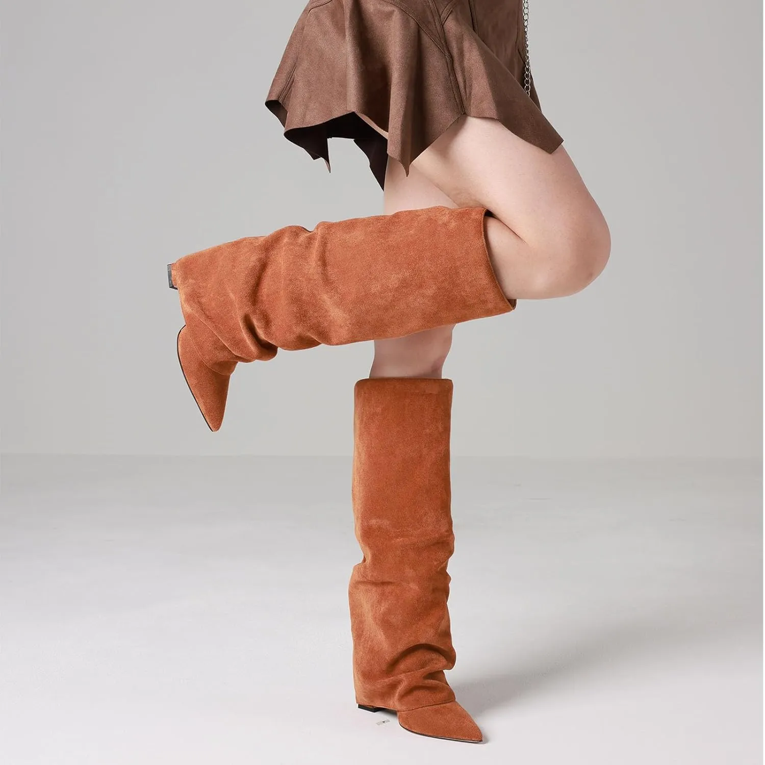 SaraIris Women's Slouchy Knee High Boots - Black, Pointed Toe, Fold Over, Chunky, Shark Boots