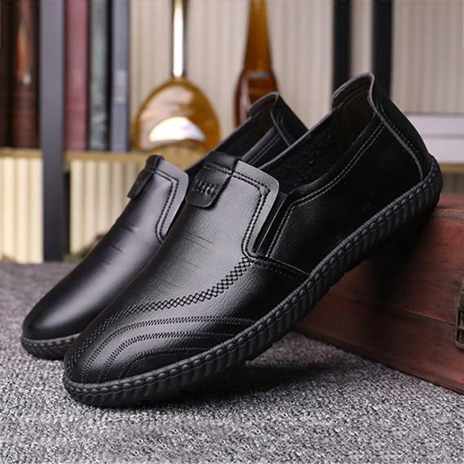 Slip On Dress Shoes for Men Wide Width Classical Style Leather Shoes for Men Slip On PU Leather Low Rubber Sole Block Heel Work Business Shoes Men Brown