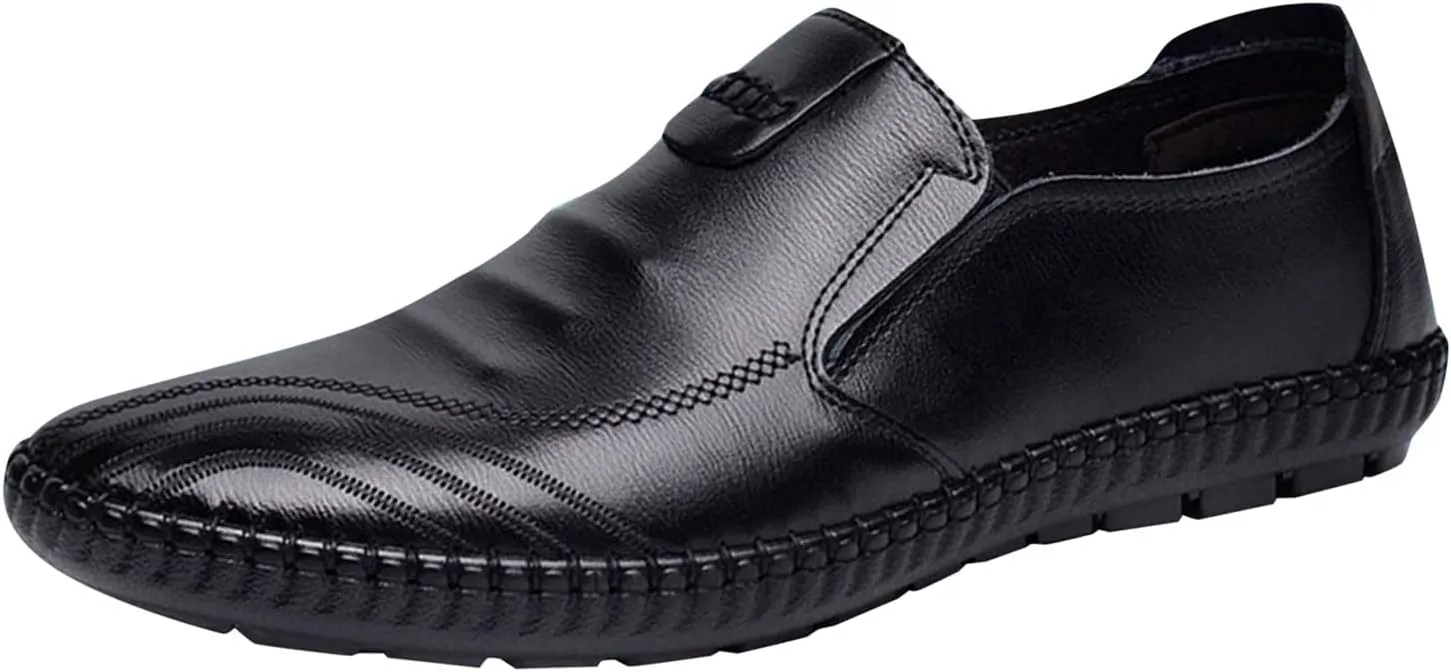 Slip On Dress Shoes for Men Wide Width Classical Style Leather Shoes for Men Slip On PU Leather Low Rubber Sole Block Heel Work Business Shoes Men Brown
