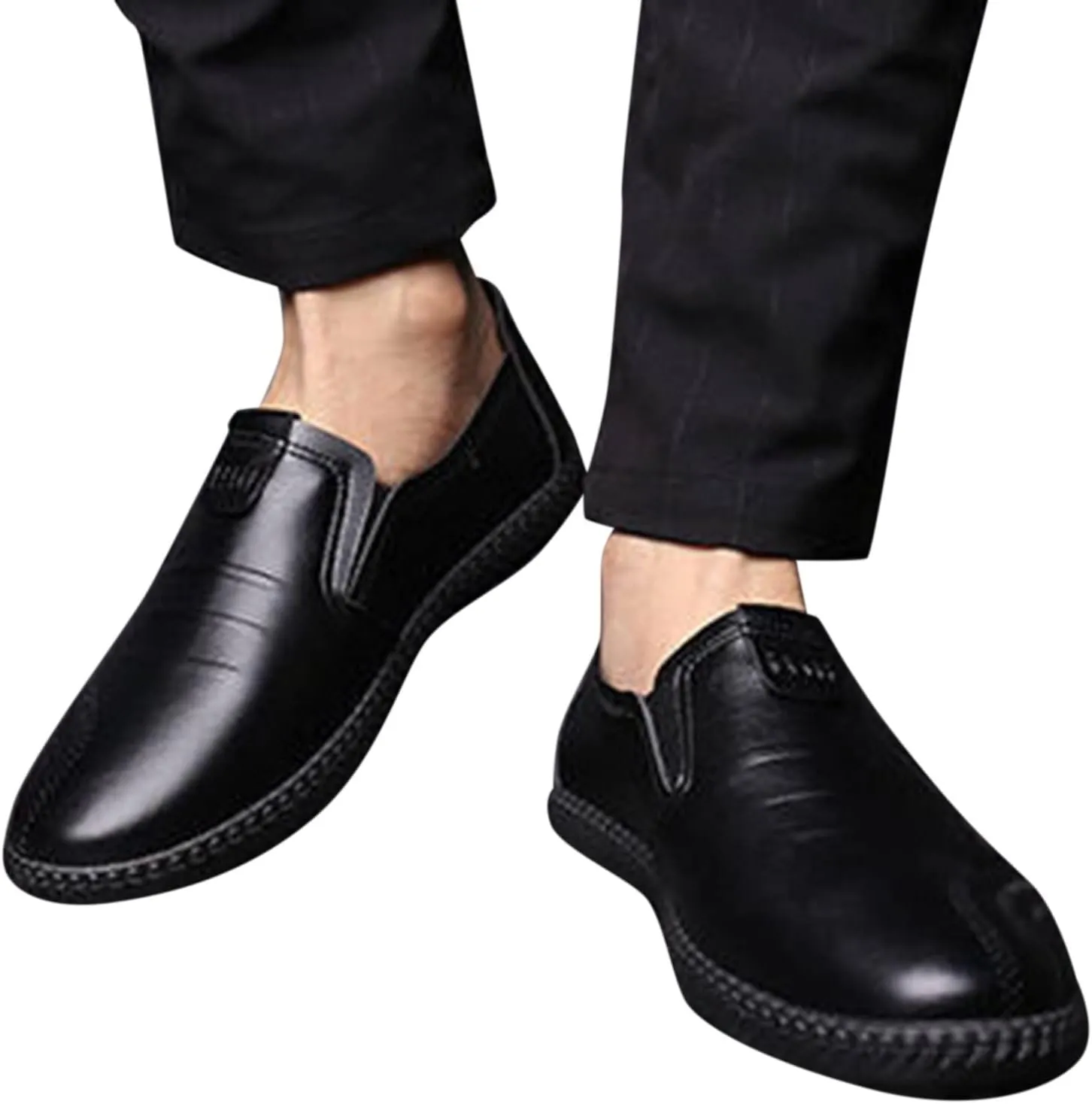 Slip On Dress Shoes for Men Wide Width Classical Style Leather Shoes for Men Slip On PU Leather Low Rubber Sole Block Heel Work Business Shoes Men Brown