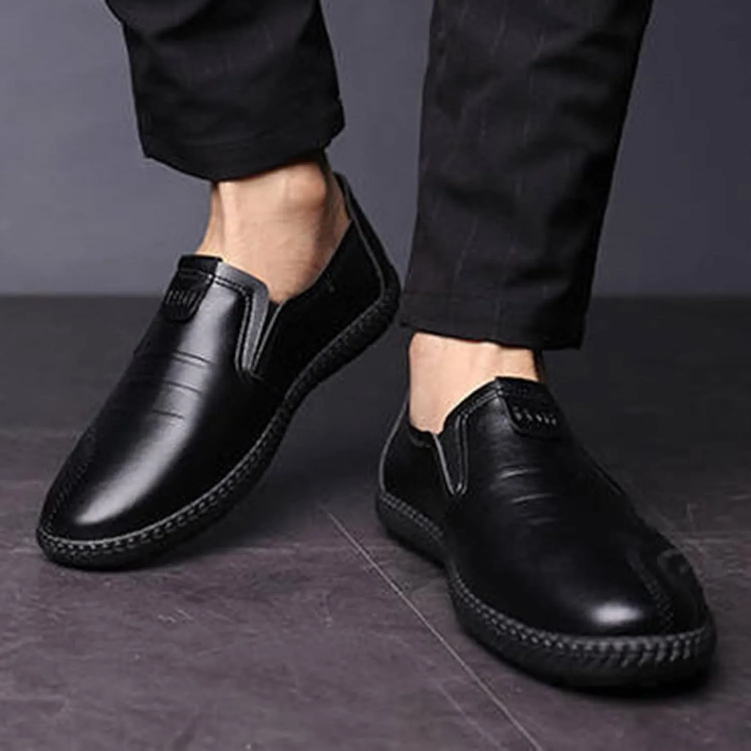 Slip On Dress Shoes for Men Wide Width Classical Style Leather Shoes for Men Slip On PU Leather Low Rubber Sole Block Heel Work Business Shoes Men Brown