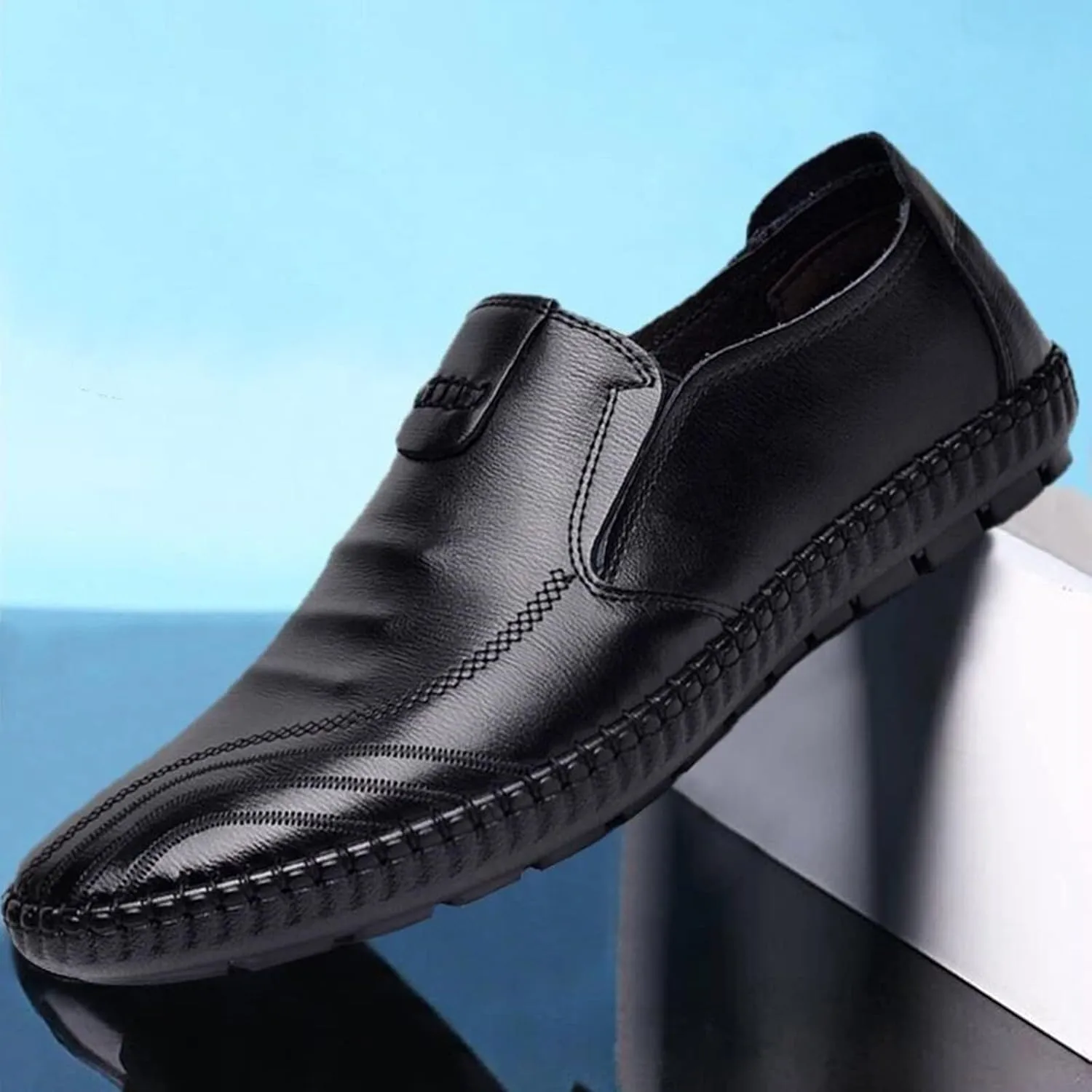 Slip On Dress Shoes for Men Wide Width Classical Style Leather Shoes for Men Slip On PU Leather Low Rubber Sole Block Heel Work Business Shoes Men Brown