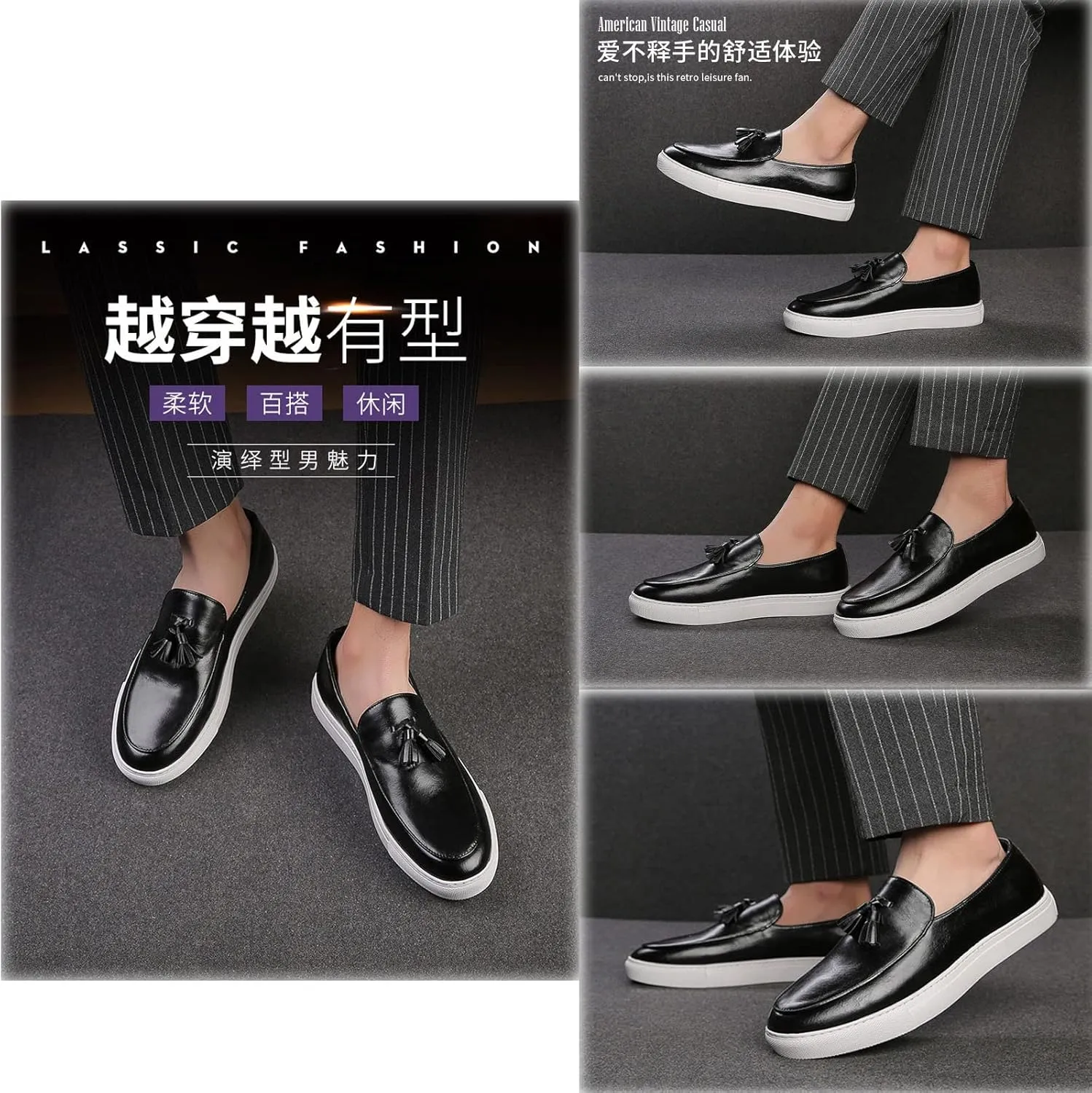 SOLPNOW Men's Leather Tassel Slip-on Loafers,Comfortable Non-Slip Casual Business Leather Shoes,Work Driving Hiking Dress Shoes