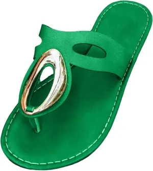 SuanlaTDS Flat Flip Flops for Women Thong Sandals 2025 Dressy Metal Decoration T-Strap Open Toe Slip On Slides Slippers Flats Summer Comfortable Low Heel Walking Bohemian Outdoor Beach Shoes