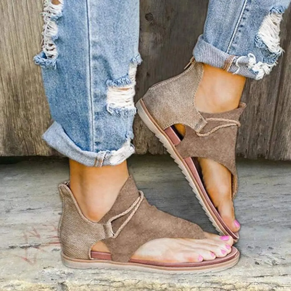 SuanlaTDS Flat Sandals for Women Comfortable Dressy Flip Flops Open Toe Low Heel Summer Beach Gladiator Sandal with Back Zipper 2025 Canvas Thong Boho Outdoor Walking Flats Roman Shoes