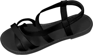 SuanlaTDS Flat Sandals for Women Dressy Summer 2025 Strappy Gladiator Roman Flats Shoes Crisscross Open Toe Elastic Ankle Strap Slip On Bohemian Beach Comfortable Low Heels Slides Sandal