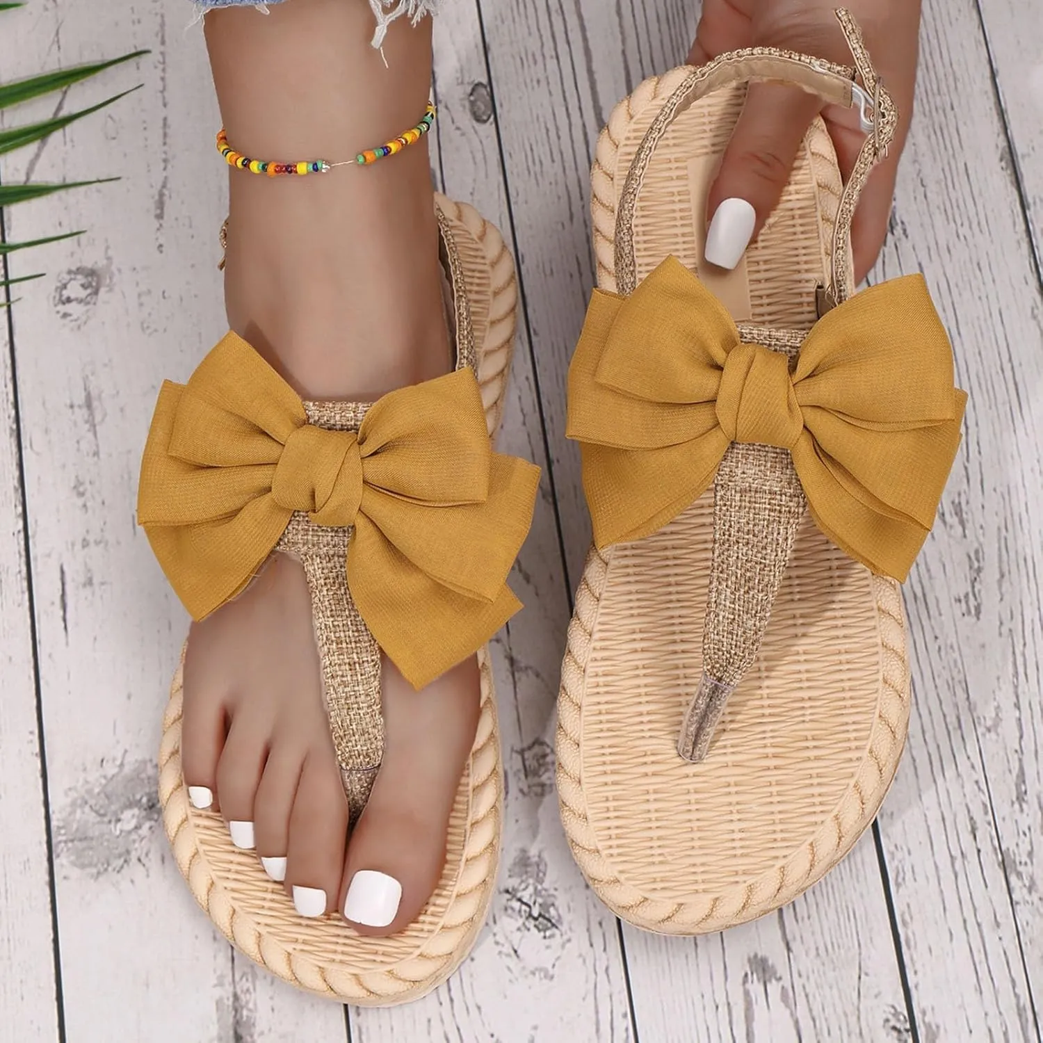 SuanlaTDS Flat Thong Sandals for Women Flip Flops Bowknot T-Strap Summer Dressy Buckle Ankle Strap Sweet Cute Boho Casual Beach Shoes Comfortable Low Heels Walking Slip On Flats Sandal