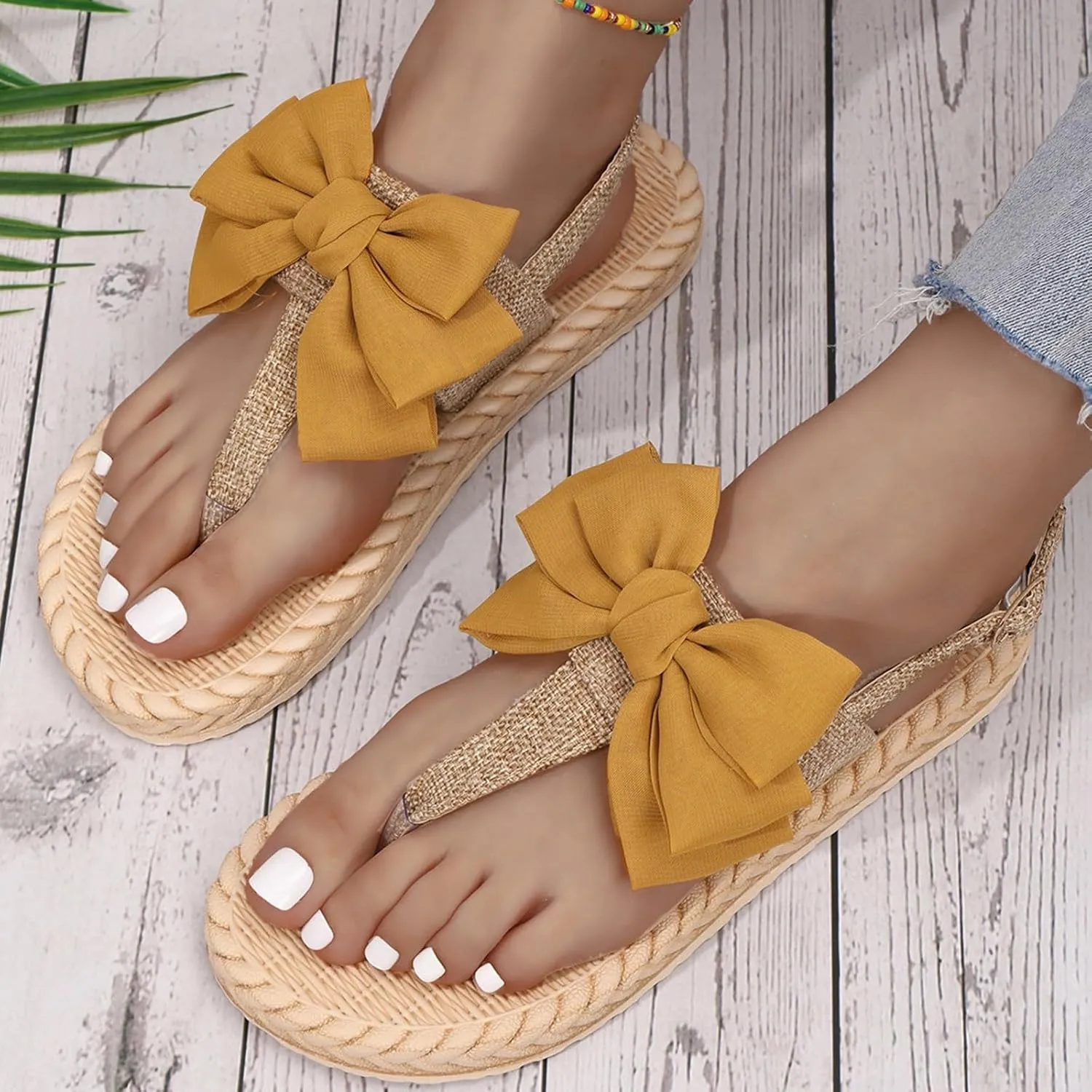 SuanlaTDS Flat Thong Sandals for Women Flip Flops Bowknot T-Strap Summer Dressy Buckle Ankle Strap Sweet Cute Boho Casual Beach Shoes Comfortable Low Heels Walking Slip On Flats Sandal