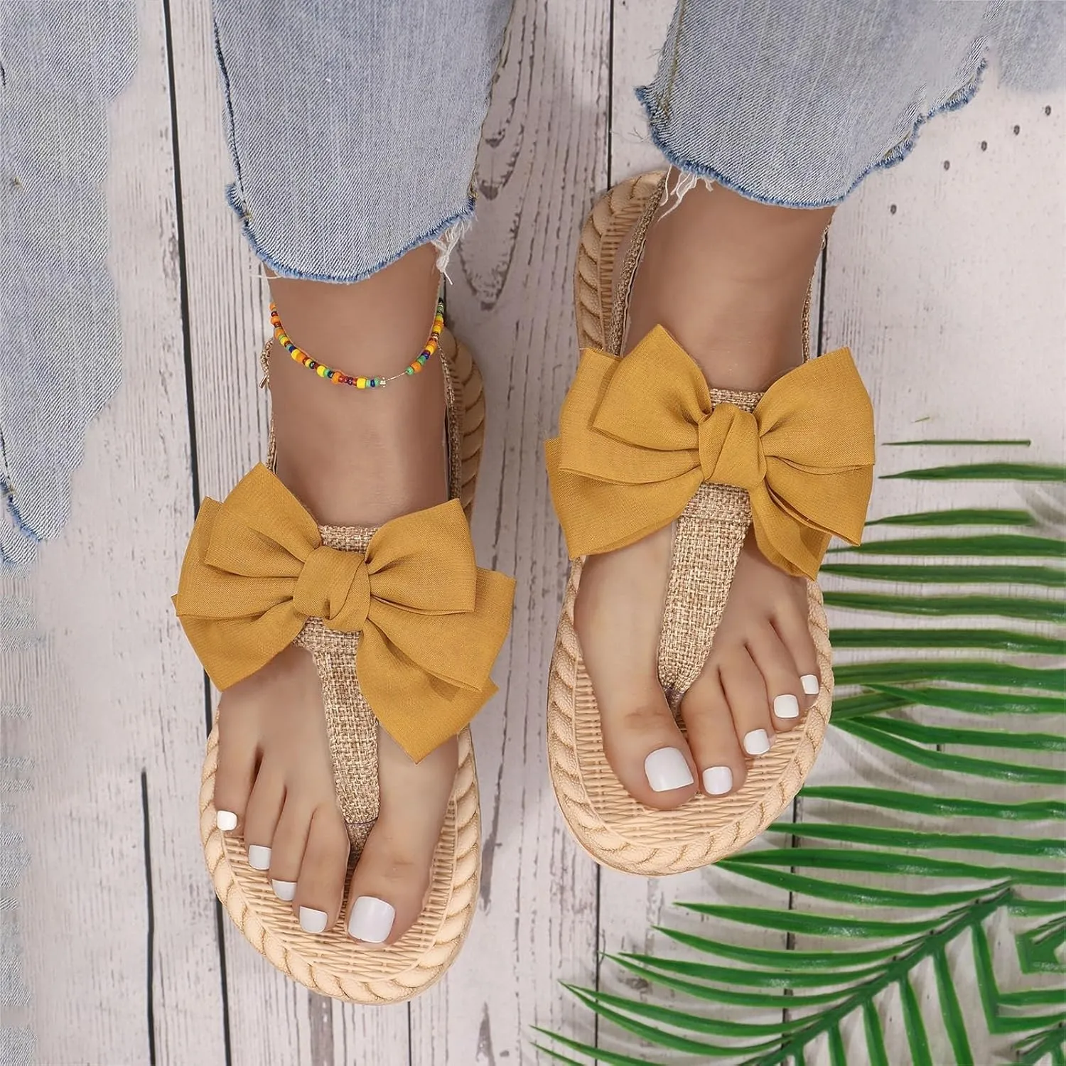 SuanlaTDS Flat Thong Sandals for Women Flip Flops Bowknot T-Strap Summer Dressy Buckle Ankle Strap Sweet Cute Boho Casual Beach Shoes Comfortable Low Heels Walking Slip On Flats Sandal