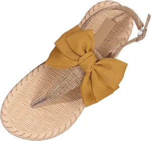 SuanlaTDS Flat Thong Sandals for Women Flip Flops Bowknot T-Strap Summer Dressy Buckle Ankle Strap Sweet Cute Boho Casual Beach Shoes Comfortable Low Heels Walking Slip On Flats Sandal