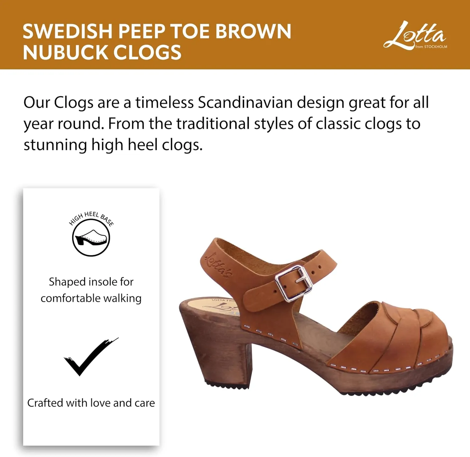 Swedish Peep Toe Clog Sandal for Women | High Heel Open Toe Wooden Clogs Handcrafted in Sweden | Brown Alder Wood Base and Oiled Nubuck Leather | Brown