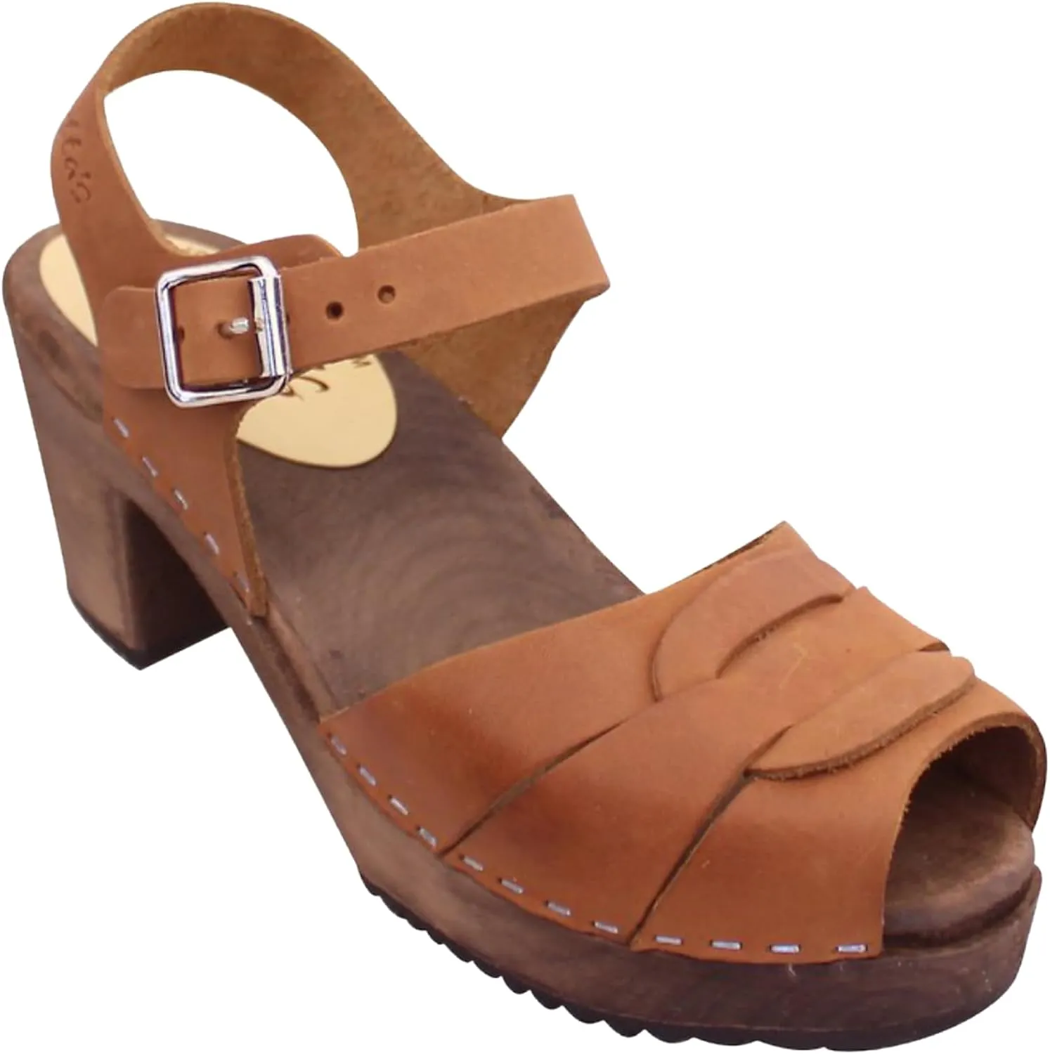 Swedish Peep Toe Clog Sandal for Women | High Heel Open Toe Wooden Clogs Handcrafted in Sweden | Brown Alder Wood Base and Oiled Nubuck Leather | Brown