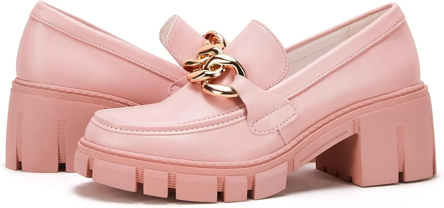 TINSTREE Platform Loafers for Women with Chain Comfort Chunky Heel Slip On Round Toe Business Work Shoes