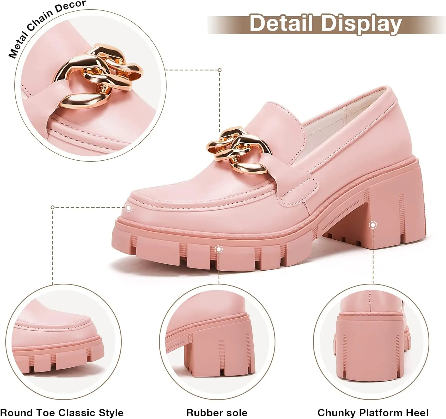 TINSTREE Platform Loafers for Women with Chain Comfort Chunky Heel Slip On Round Toe Business Work Shoes