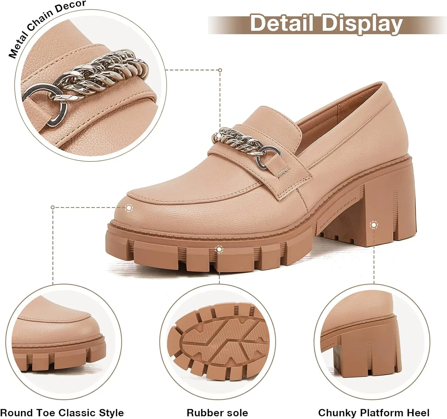 TINSTREE Platform Loafers for Women with Chain Comfort Chunky Heel Slip On Round Toe Business Work Shoes