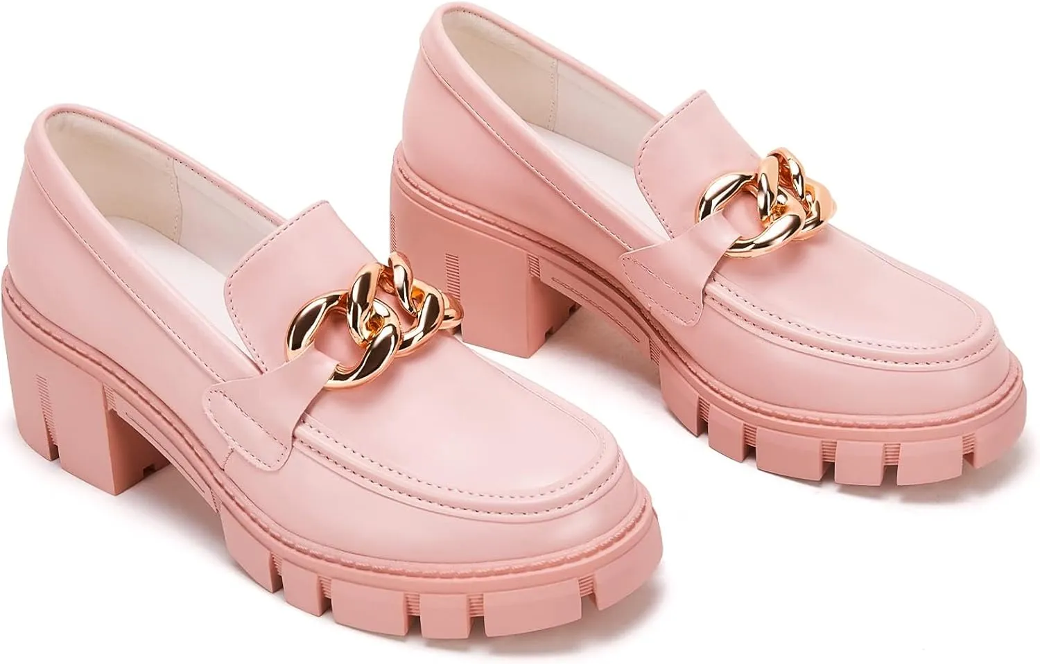 TINSTREE Platform Loafers for Women with Chain Comfort Chunky Heel Slip On Round Toe Business Work Shoes