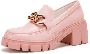 TINSTREE Platform Loafers for Women with Chain Comfort Chunky Heel Slip On Round Toe Business Work Shoes