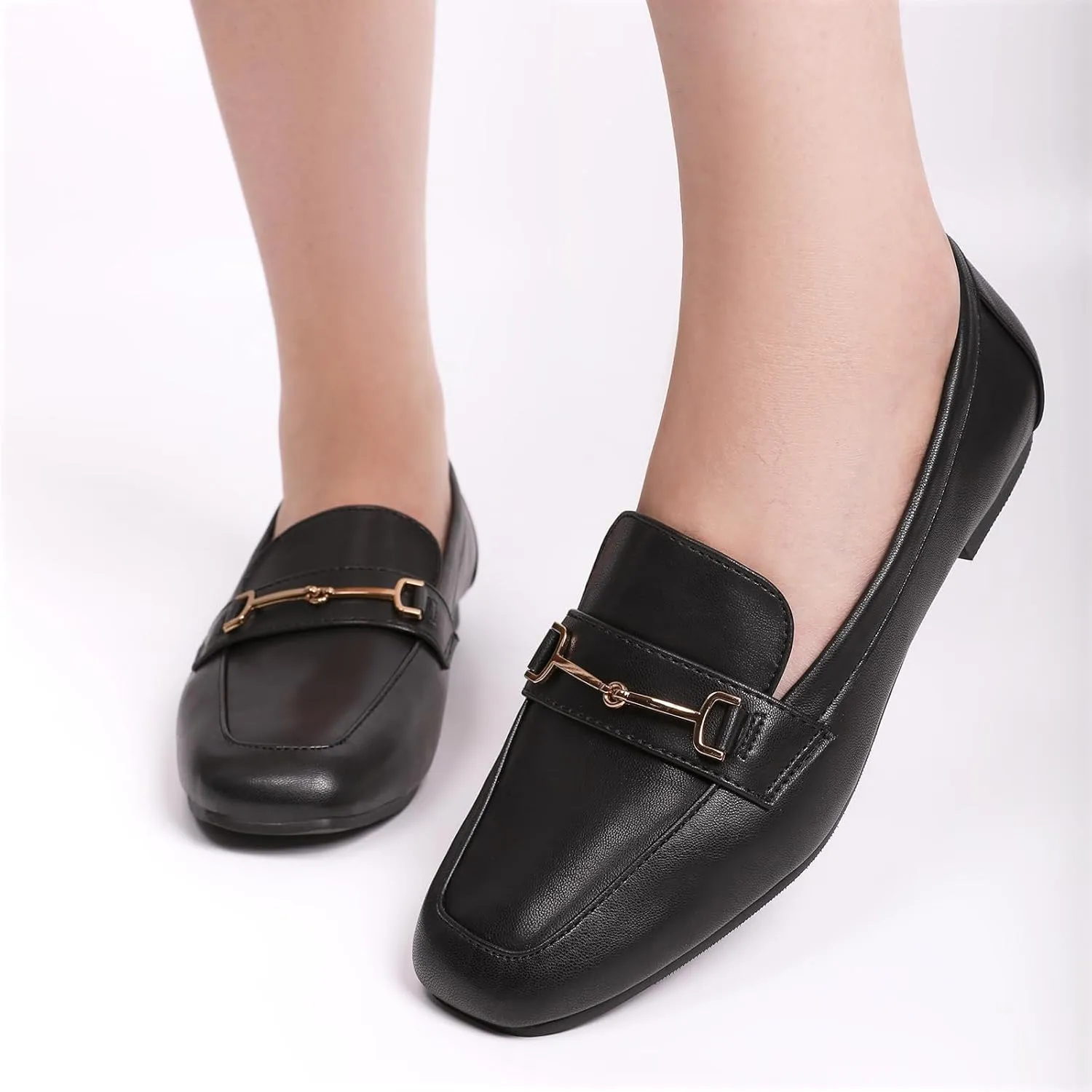 TINSTREE Women's Square Toe Loafers Comfortable PU Leather Work Dressy Shoe Slip On Flats Shoes