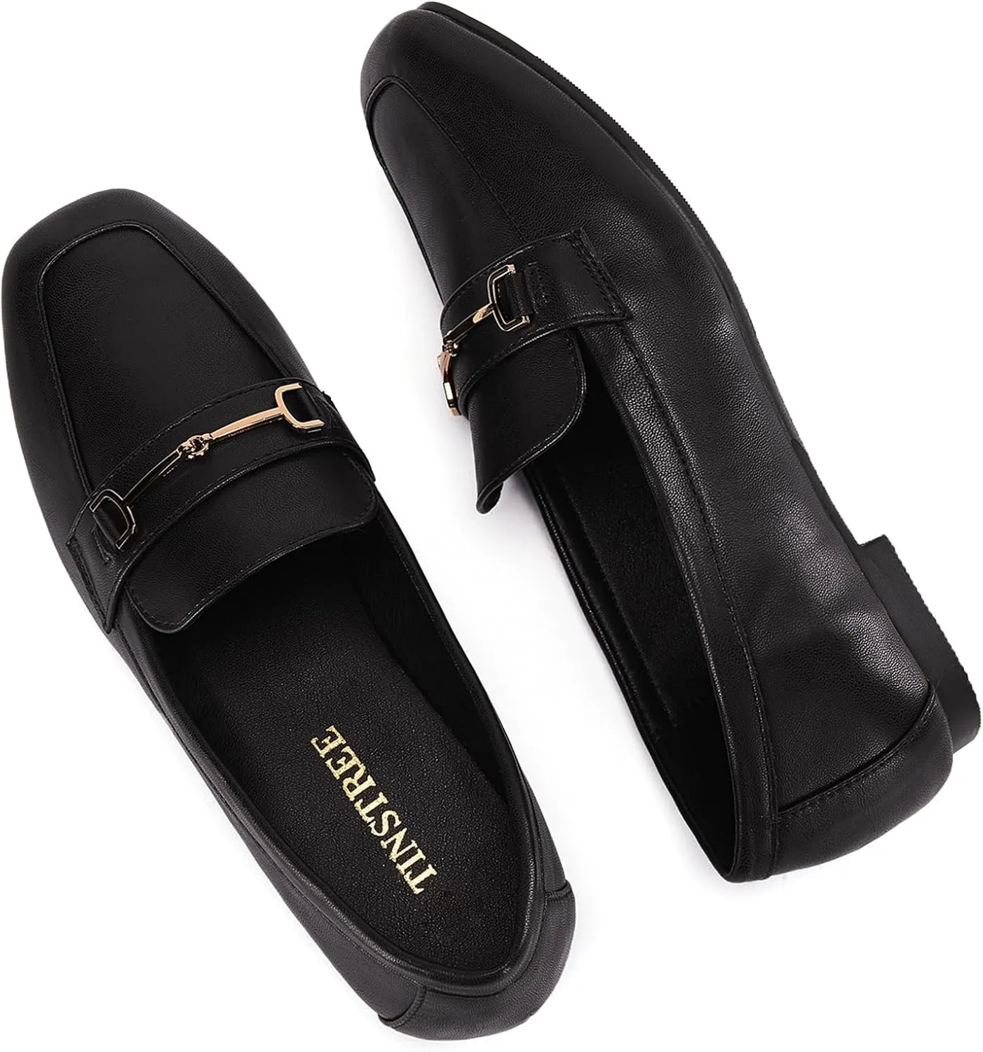 TINSTREE Women's Square Toe Loafers Comfortable PU Leather Work Dressy Shoe Slip On Flats Shoes