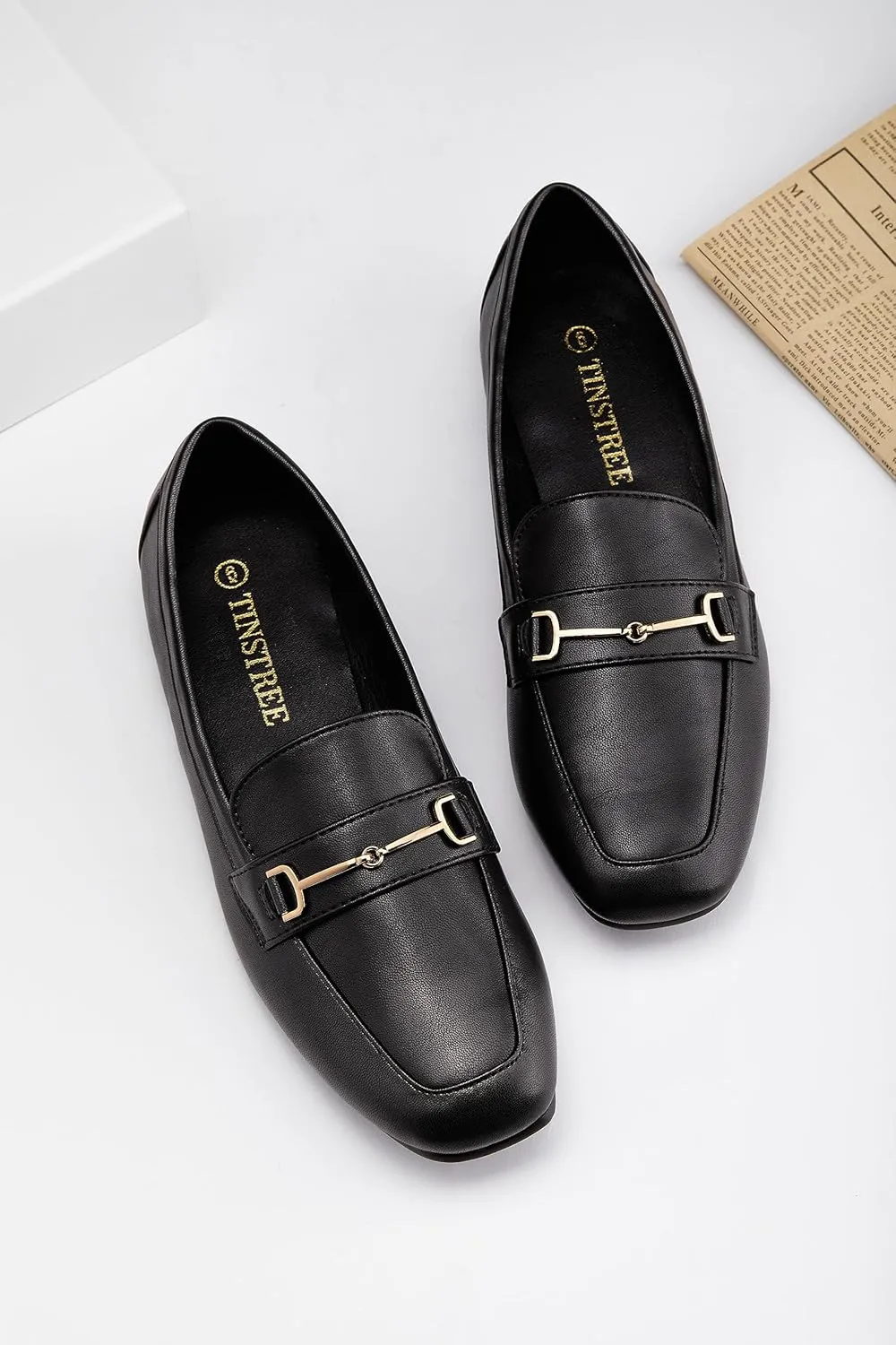 TINSTREE Women's Square Toe Loafers Comfortable PU Leather Work Dressy Shoe Slip On Flats Shoes