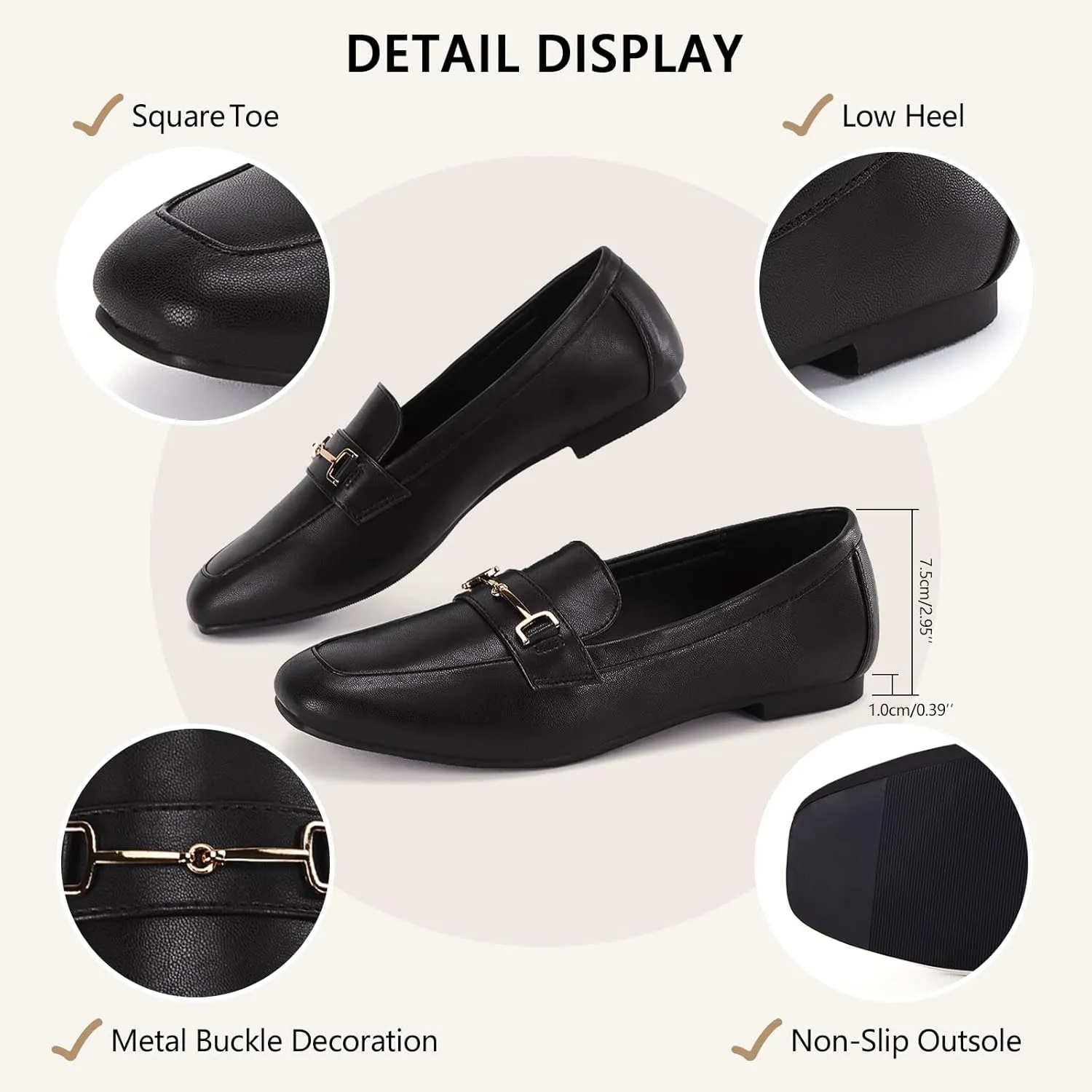 TINSTREE Women's Square Toe Loafers Comfortable PU Leather Work Dressy Shoe Slip On Flats Shoes